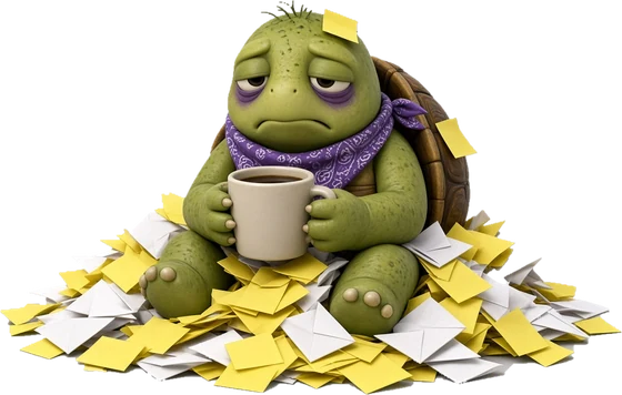 Tired Vibe and Giggle turtle with a mug, buried in paperwork and sticky notes