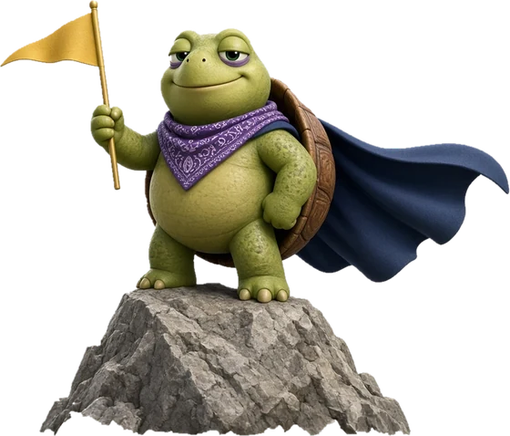 Vibe and Giggle turtle in a cape, holding a yellow flag on top of a rock