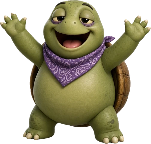 Vibe and Giggle turtle throwing its arms up with a big happy smile