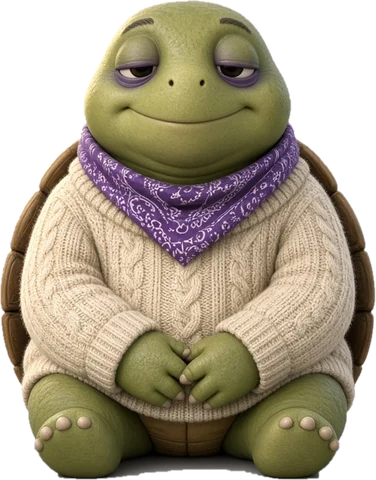 Vibe and Giggle turtle in a cozy sweater, sitting calmly with folded hands