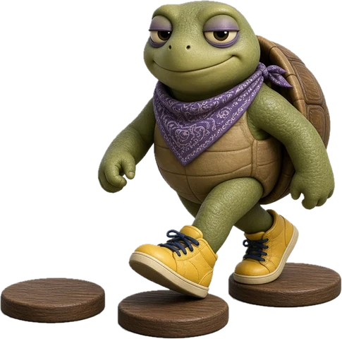 Vibe and Giggle turtle in yellow sneakers walking across stepping stones