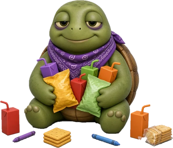 Vibe and Giggle turtle hugging snack bags, surrounded by juice boxes and crayons