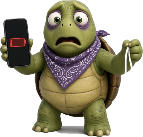 Worried Vibe and Giggle turtle holding a phone with a nearly dead battery