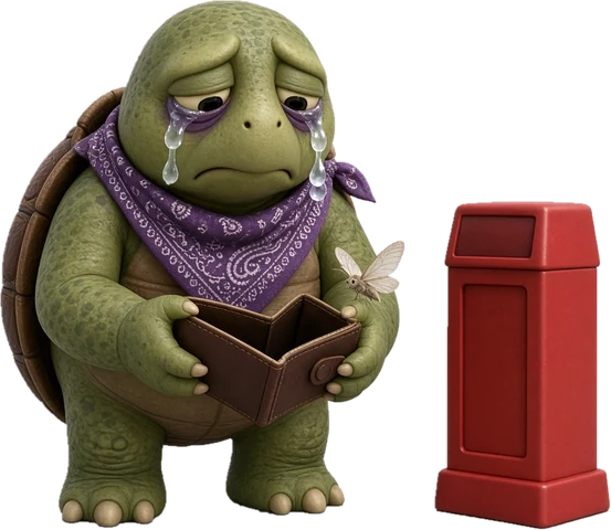 Teary Vibe and Giggle turtle holding an open, empty wallet