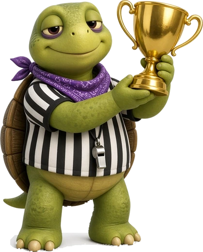 Referee turtle holding a trophy