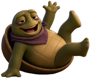 Vibe and Giggle turtle tumbling mid-cartwheel with a big grin