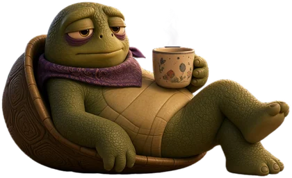 Vibe and Giggle turtle lounging in his shell with a cup of coffee