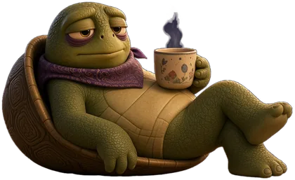 Vibe and Giggle turtle lounging in his shell with a cup of coffee